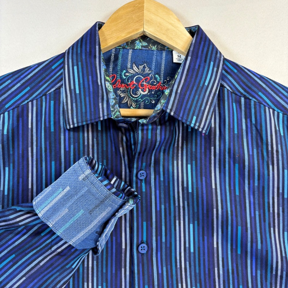 Robert Graham Button Shirt Mens Medium Blue Stripe Long Sleeve Cotton Flip Cuff